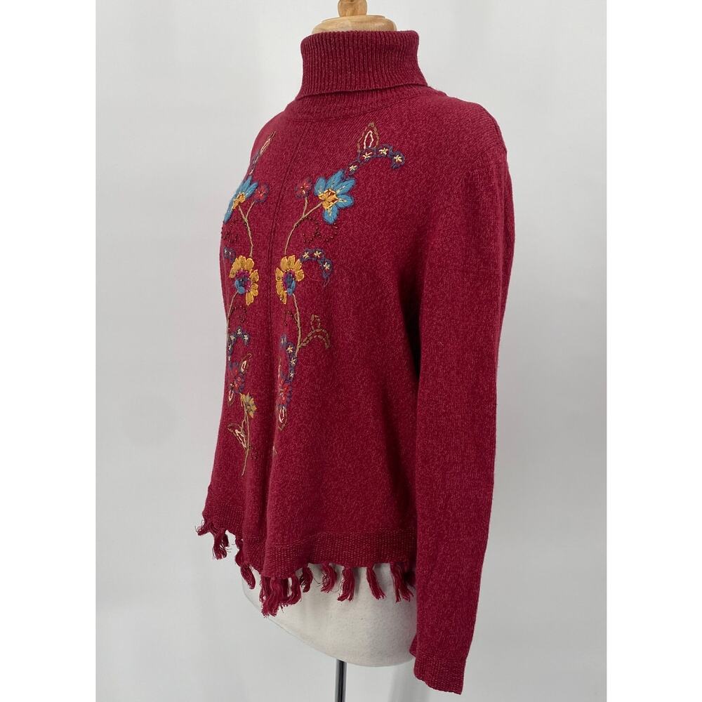 Vintage 90s Embroidered Floral Sweater Turtleneck Cotton Ramie Fringe Hem Large - Picture 5 of 8
